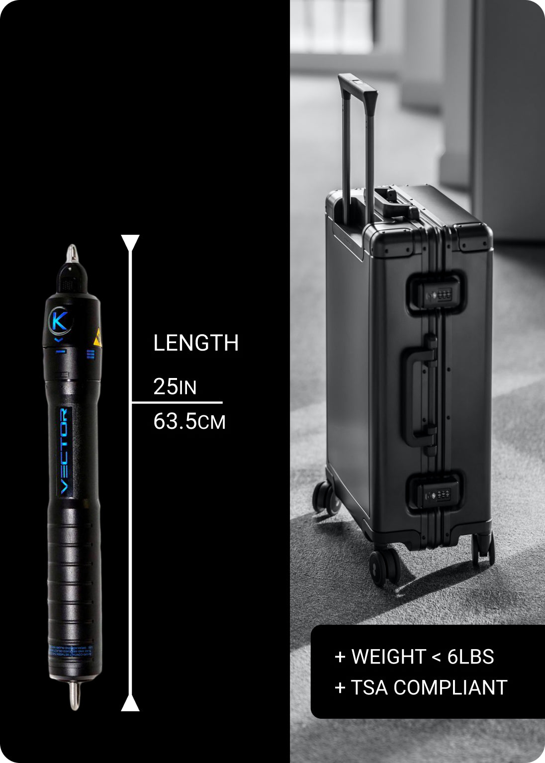 Photo showing the length of a Kayezen VECTOR alongside of carry-on luggage indicating that it is small enough for carry-on travel
