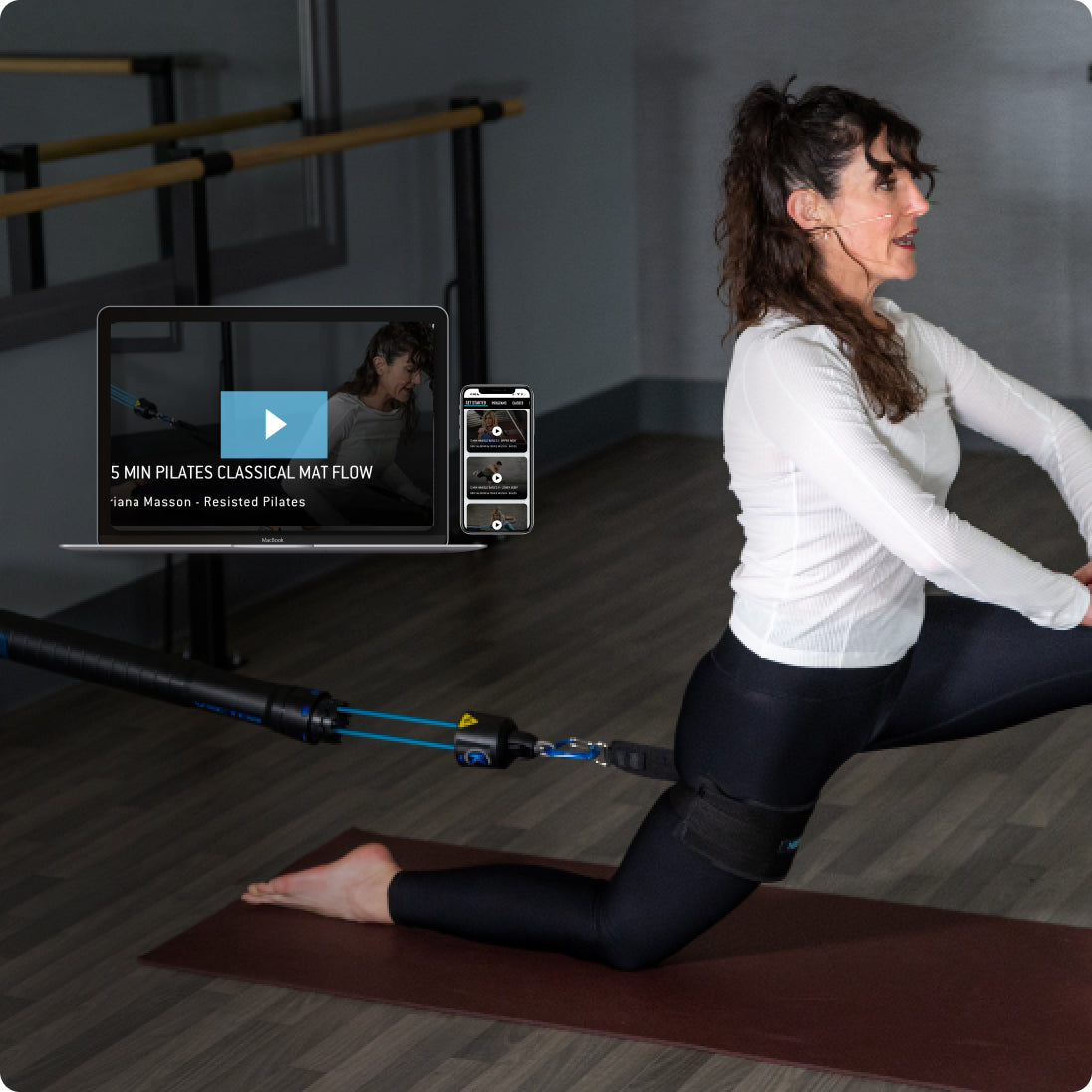Photo of Briana Masson using the Kayezen Vector for a lunge with added resistance in a Pilates workout